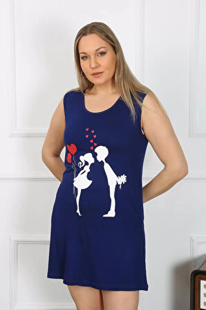 Moda Kadın Büyük Beden Kalın Askılı Penye Diz Üstü Lacivert Gecelik