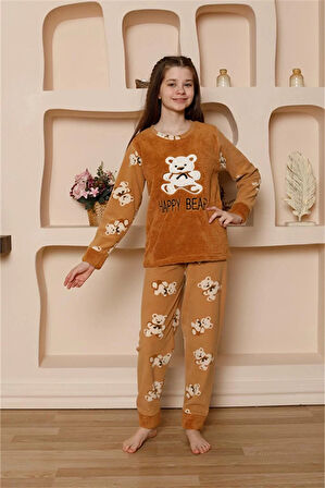Moda Kız Çocuk WelSoft Polar Pijama Takımı Sütlü Kahve
