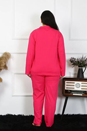 Moda Kadın Büyük Beden Pamuklu Cepli Düğmeli Fuşya Pijama Takım