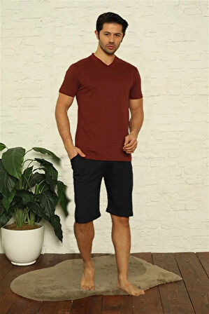 Moda Erkek Bordo V Yaka 3'lü Pijama Takım