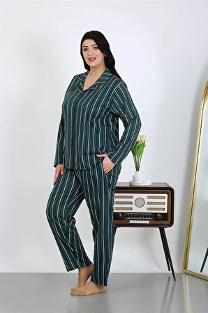Moda Kadın Büyük Beden Pamuklu Cepli Düğmeli Petrol Pijama Takım