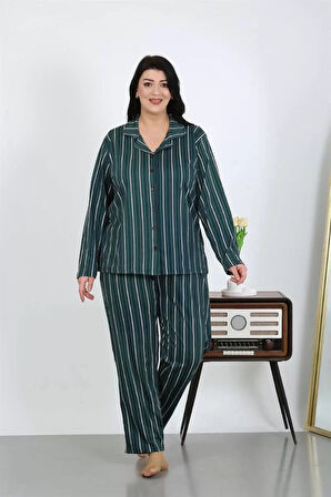 Moda Kadın Büyük Beden Pamuklu Cepli Düğmeli Petrol Pijama Takım