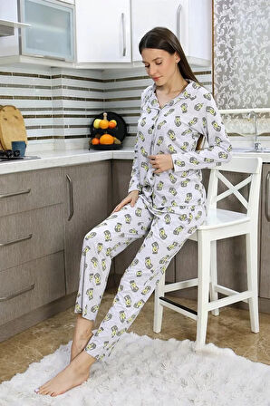 Moda Kadın Pamuk Penye Önden Düğmeli Uzun Kol Pijama Takım Gri