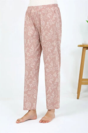 Moda Kadın Penye Çiçek Desenli Tek Alt Pijama Pudra