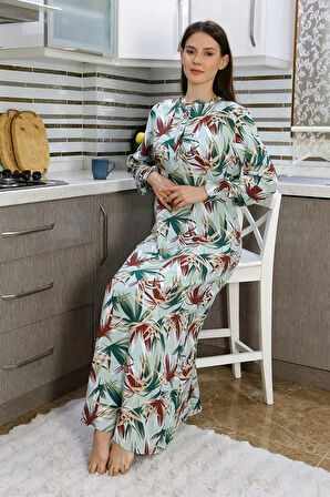 Moda Kadın Uzun Kol Penye Gecelik Ev Elbisesi Yeşil