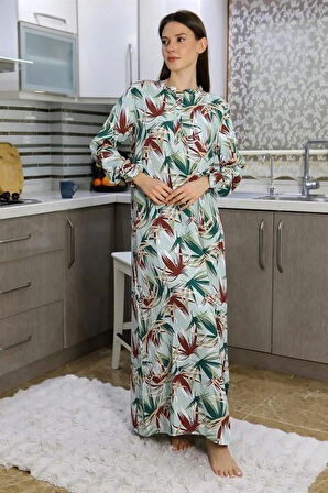 Moda Kadın Uzun Kol Penye Gecelik Ev Elbisesi Yeşil