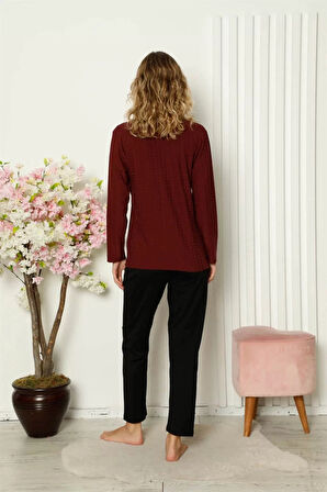 Moda Kadın Penye Uzun Kol Pijama Takım Bordo