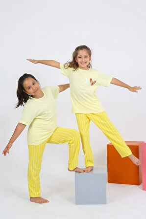 Moda Kız Çocuk Kısa Kol Sarı Penye Pijama Takım