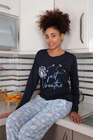 Moda Kadın Penye Uzun Kol Pijama Takım Laciver