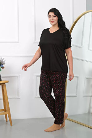 Moda Kadın Büyük Beden Kısa Kol Penye Pijama Takımı Siyah