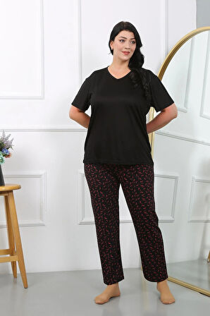 Moda Kadın Büyük Beden Kısa Kol Penye Pijama Takımı Siyah