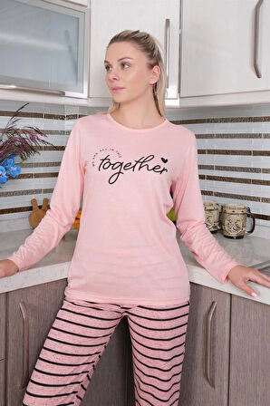 Moda Kadın Penye Uzun Kol Pijama Takım Pembe