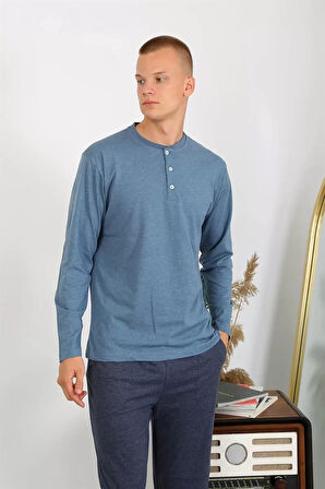 Moda Erkek Penye Uzun Kol Pijama Takımı İndigo