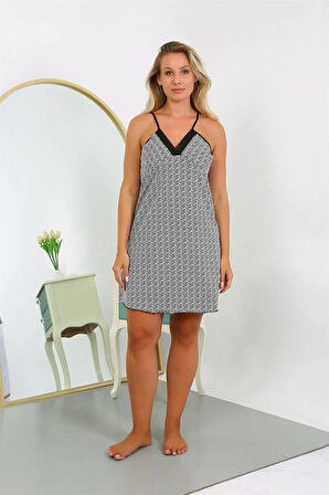 Moda Kadın Pamuk İp Askılı Desenli Büyük Beden Gecelik Beyaz