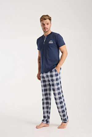 Moda Erkek Lacivert Düğmeli Yaka Kısa Kol Pijama Takımı