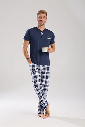 Moda Erkek Lacivert Düğmeli Yaka Kısa Kol Pijama Takımı