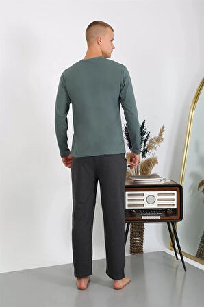 Moda Erkek Penye Uzun Kol Pijama Takımı Haki