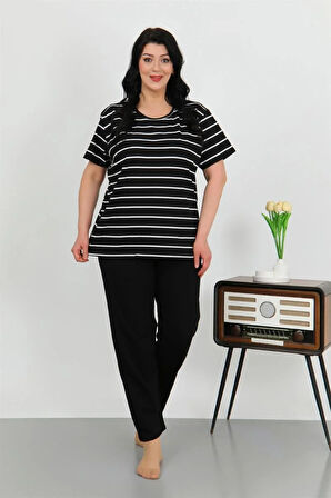 Moda Kadın Büyük Beden Kısa Kol Penye Pijama Takımı Siyah