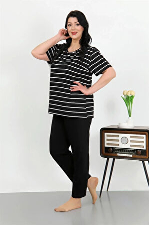 Moda Kadın Büyük Beden Kısa Kol Penye Pijama Takımı Siyah