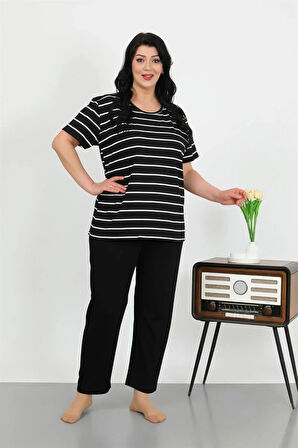 Moda Kadın Büyük Beden Kısa Kol Penye Pijama Takımı Siyah