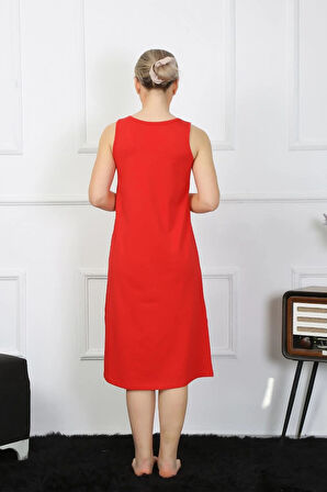 Moda Kadın Kalın Askılı Penye Uzun Kırmızı Gecelik