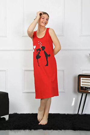 Moda Kadın Kalın Askılı Penye Uzun Kırmızı Gecelik