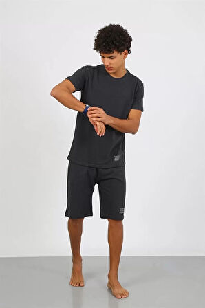 Moda Erkek Pamuk Lakost Alt Üst Kaprili Pijama Takım Füme