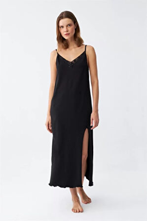 Moda Kadın İp Askılı Uzun Gecelik Siyah