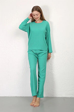 Moda Kadın Bürümcük Kumaş Pijama Takım Yeşil