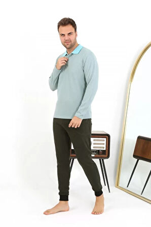 Moda Erkek Polo Yaka Uzun Kol Penye Pijama Takımı Su Yeşili