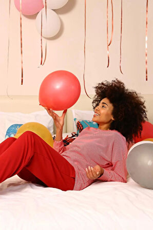Moda Kadın Uzun Kol 3 İplik Penye Pijama Takım Kırmızı