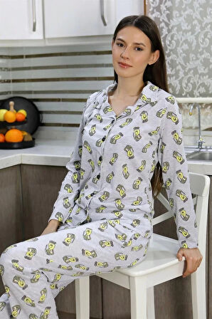 Moda Kadın Pamuk Penye Önden Düğmeli Uzun Kol Pijama Takım Gri