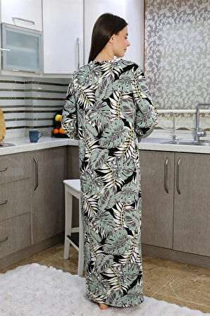 Moda Kadın Uzun Kol Penye Gecelik Ev Elbisesi SuYeşili