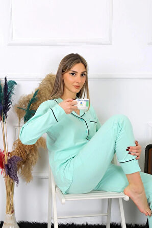 Moda Kadın Pamuk Penye Önden Düğmeli Uzun Kol Su Yeşili Pijama Takım