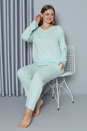 Moda Kadın Büyük Beden Penye Uzun Kol Pijama Takım Su Yeşili