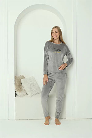 Moda Kadın Kadife Gri Pijama Takım