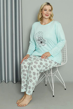 Moda Kadın Büyük Beden Penye Uzun Kol Pijama Takım Su Yeşili