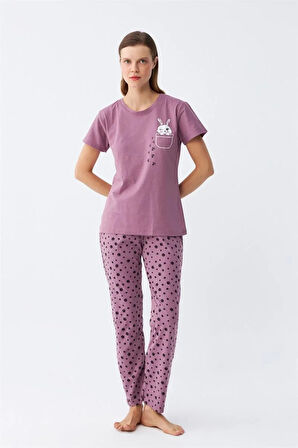 Moda Kadın Mor Patili Tavşan Baskılı Cepli Pijama Takımı