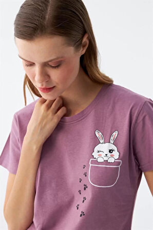 Moda Kadın Mor Patili Tavşan Baskılı Cepli Pijama Takımı