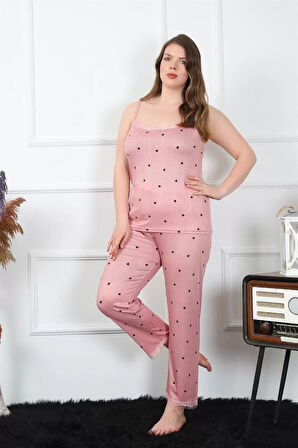 Moda Kadın Büyük Beden Somon İp Askılı Pijama Takım