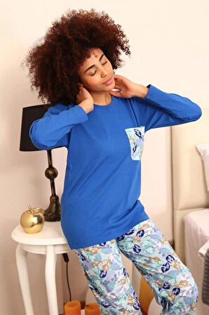 Moda Kadın Uzun Kol Penye Pijama Takım Saks