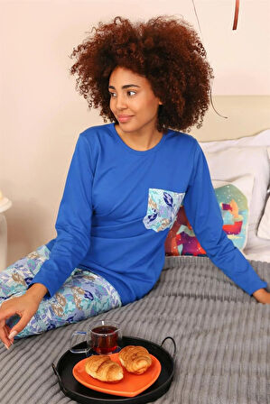 Moda Kadın Uzun Kol Penye Pijama Takım Saks