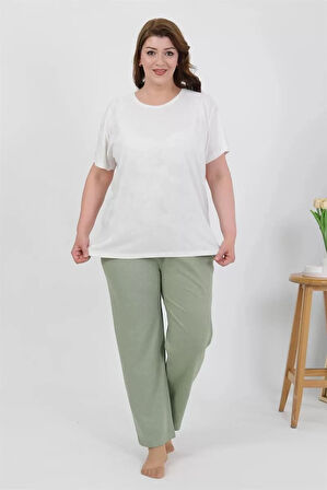 Moda Kadın Büyük Beden Kısa Kol Penye Pijama Takımı Beyaz
