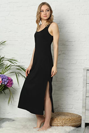 Moda Kalın Askılı Siyah Penye Uzun Gecelik