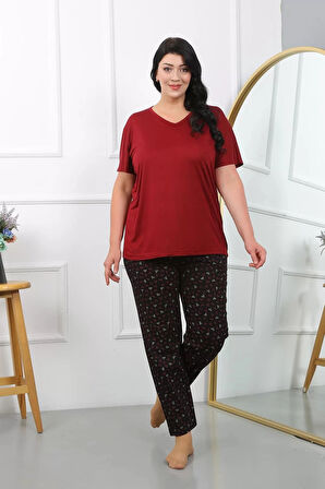 Moda Kadın Büyük Beden Kısa Kol Penye Pijama Takımı Bordo