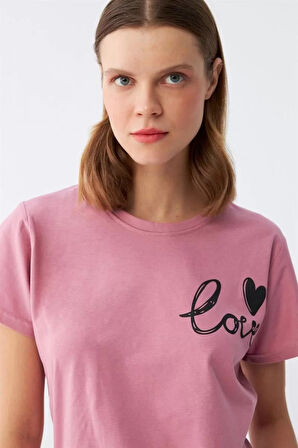 Moda Kadın Somon Kalp Desenli Kısa Kollu Penye Pijama Takımı