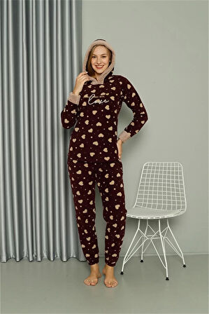 Moda Polar Kadın Kapşonlu Pijama Takımı Bordo
