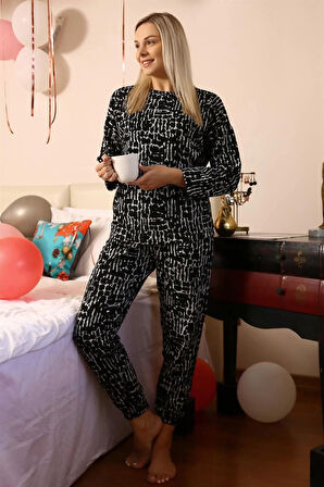 Moda Kadın Uzun Kol 3 İplik Penye Pijama Takım Siyah