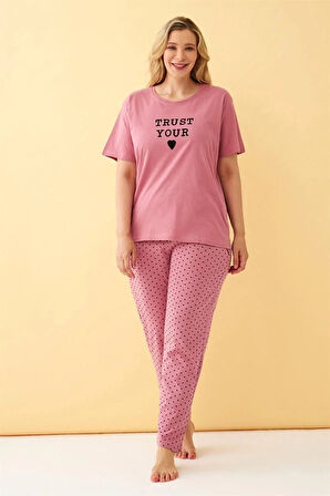 Moda Kadın Somon "Trust Your Heart" Yazılı Büyük Beden Pijama Takımı