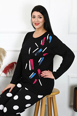 Moda Kadın Büyük Beden Penye Uzun Kol Pijama Takım